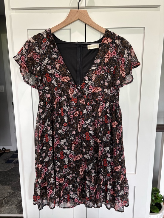 Altar'd State Dresses & Skirts - Altar'd State Black Floral V-Neck Mini Dress with Pink and Red Flowers